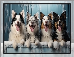Śnieg, Psy, Border collie, Cztery, Zmarznięty, Jęzory