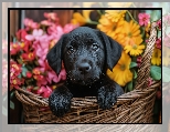 Pies, Kwiaty, Szczeniak, Koszyk, Czarny
