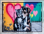 AI, Kot, Pies, Grafika, Street Art, Serce, Mural