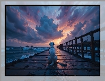 Pomost, Chmury, Morze, Zachód słońca, Pies